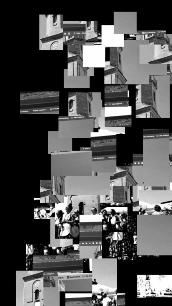 Fragmented black-and-white view of the Cómpeta church tower and festival gathering